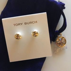 Tory Burch Crystal-Pearl Stud Earrings | Gold